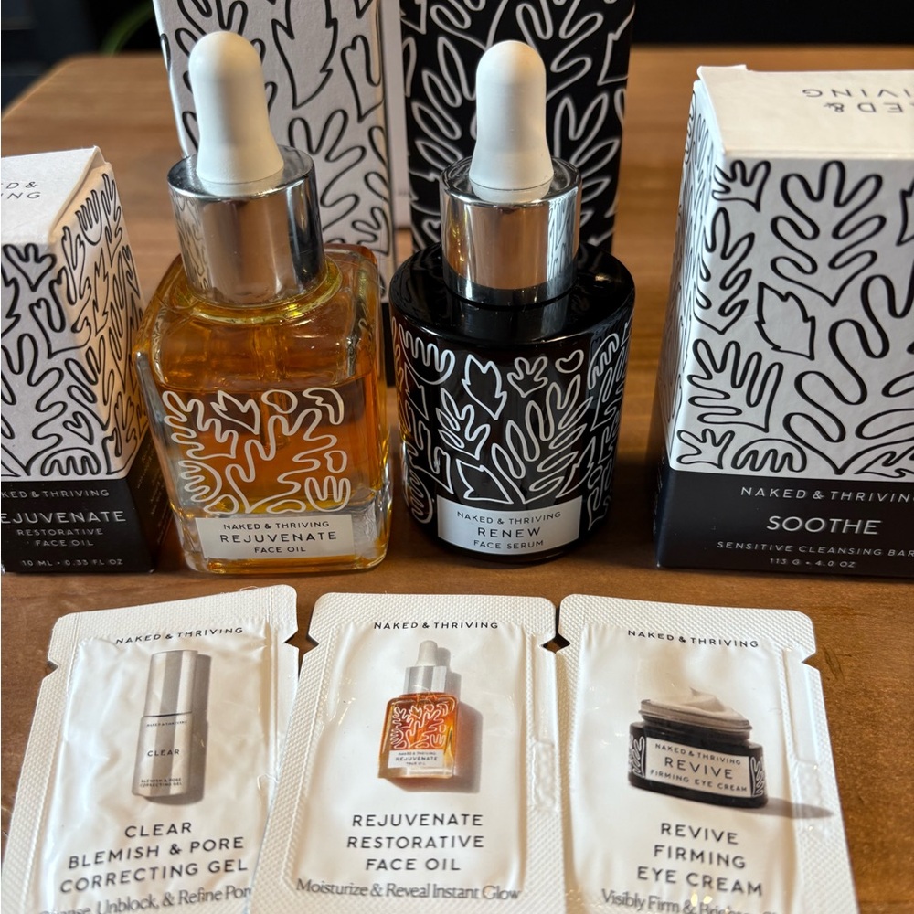 Naked & Thriving Skincare Bundle: Renew, Rejuvenate, Soothe bar, samples